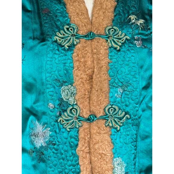 Turquoise Asian Silk Faux Fur Warm Cozy Coat Fall Winter Boho Artsy Chinoiserie - Picture 4 of 11